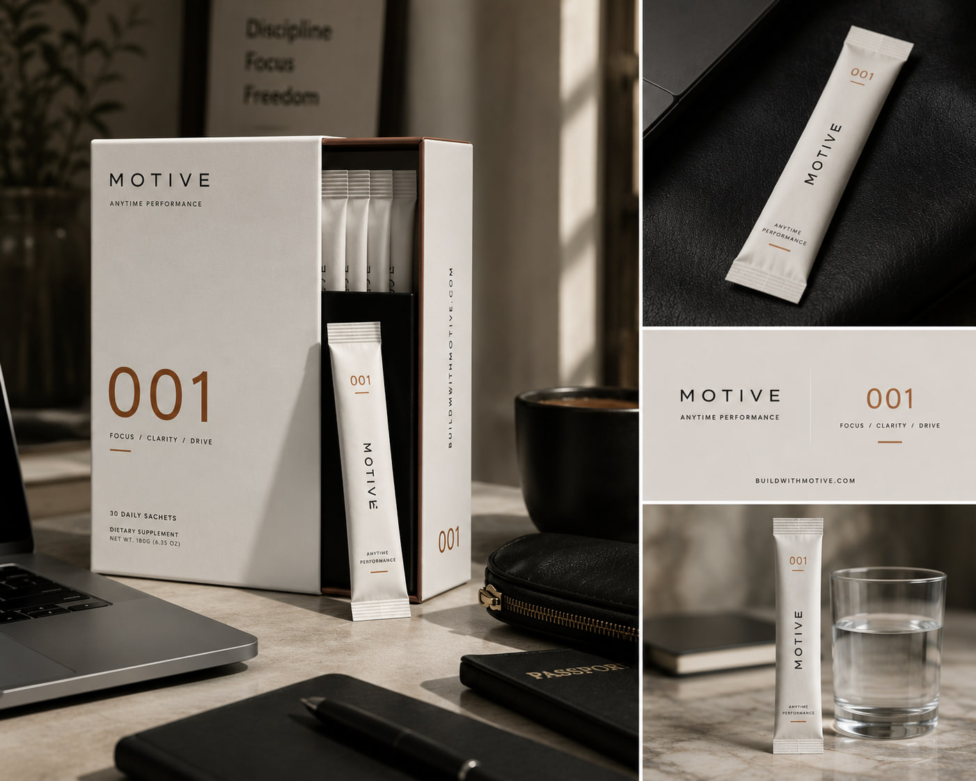 Four views of Motive 001: the open box with sachets, a single sachet on a dark surface, the wordmark card, and a sachet beside a glass of water.